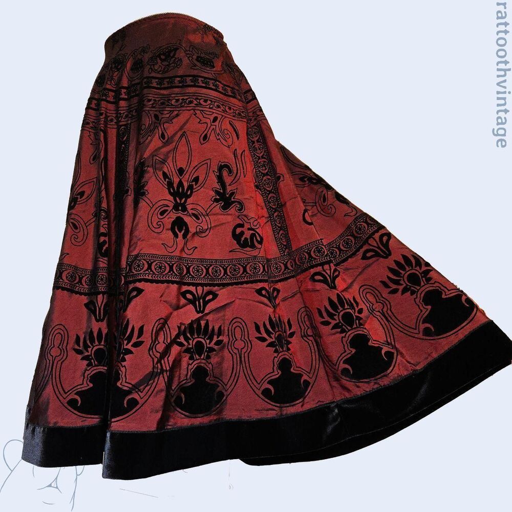 Msk Red Skirt Black and red velvet trim midi skirt with velvet floral pattern